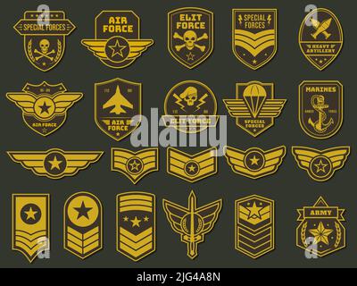 Badge dell'esercito. Le unità militari emblemi, patch soldato e insignias tag vettore set Illustrazione Vettoriale