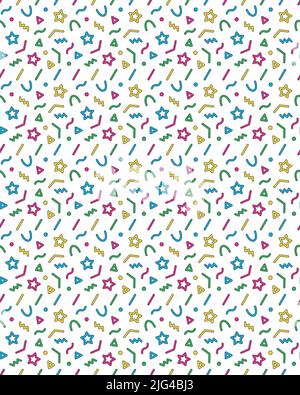 Modello perfetto per le feste. Forme geometriche, elementi colorati, sfondo ornamentale trasparente per le vacanze. Tavolozza di colori brillanti. Vettore Illustrazione Vettoriale