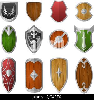 Schermi cartoni animati. Armatura in legno e metallo, difesa militare medievale cavaliere scudo vettore illustrazione set Illustrazione Vettoriale