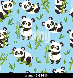 Panda modello. Seamles baby panda orsi con rami di bambù, cute porcellana animale vettore sfondo illustrazione Illustrazione Vettoriale