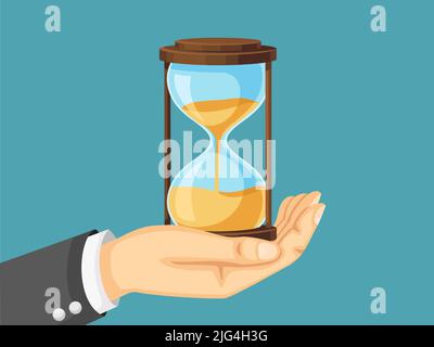 Businessman mano che tiene la clessidra. Gestione del tempo, orologio di scadenza e cartoni animati con timer in vetro sabbiato illustrazione vettoriale Illustrazione Vettoriale