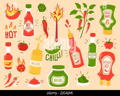 Salse calde. Peperoncino dolce, mayo piccante e bottiglie di ketchup. Wasabi, mostarda e peperoni fiammeggianti set di illustrazioni vettoriali Illustrazione Vettoriale