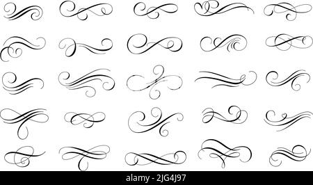 Fiorisce la calligrafica. Ornamenti ricurvi retrò per lettere decorazione e inviti disegno vettore set Illustrazione Vettoriale