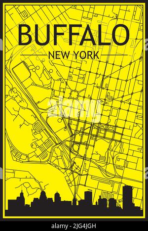 Stampa dorata poster della città con skyline panoramico e rete di strade disegnate a mano su sfondo giallo e nero del centro DI BUFFALO, NEW YORK Illustrazione Vettoriale