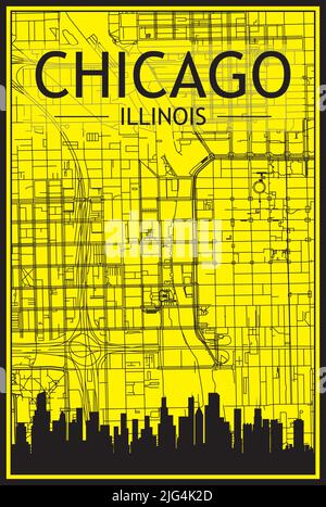Stampa dorata poster della città con skyline panoramico e rete di strade disegnate a mano su sfondo giallo e nero del centro di CHICAGO, ILLINOIS Illustrazione Vettoriale