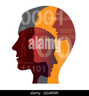 Uomini con codici binari, esperti di computer. Illustrazione delle sagome stilizzate delle teste maschio di giovani uomini, programmatori. Isolato su sfondo bianco. Illustrazione Vettoriale
