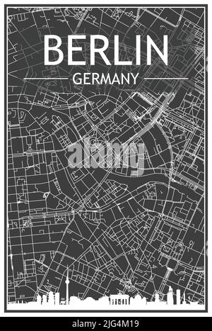 Stampa scura di poster città con skyline panoramico e rete di strade disegnate a mano su sfondo grigio scuro del centro DI BERLINO, GERMANIA Illustrazione Vettoriale