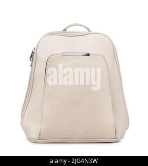 Vista frontale dello zaino in pelle beige isolato su bianco Foto Stock