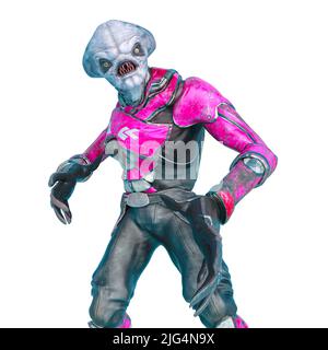 alieno ufficiale su un outfit fantascientifico che fa la posa del hipop in uno sfondo bianco. Questo astronauta alieno nel tracciato di ritaglio è molto utile per il disegno grafico cre Foto Stock