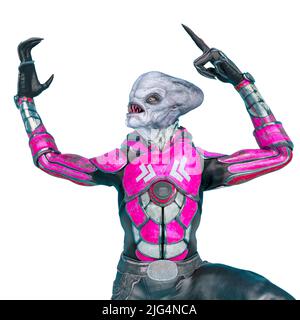 alieno ufficiale su un outfit fantascientifico che si aggirano su uno sfondo bianco. Questo astronauta alieno nel tracciato di ritaglio è molto utile per la grafica creatio Foto Stock