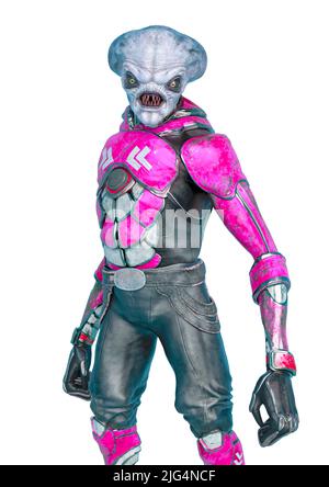 alieno ufficiale su un outfit fantascientifico su sfondo bianco. Questo astronauta alieno nel tracciato di ritaglio è molto utile per le creazioni di disegno grafico, illustratore 3d Foto Stock