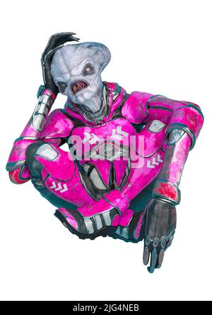 alieno ufficiale su un vestito fantascientifico sta pensando a in uno sfondo bianco. Questo astronauta alieno nel tracciato di ritaglio è molto utile per il disegno grafico cre Foto Stock