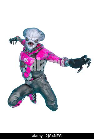 alieno ufficiale su un attacco di salto fantascientifico su sfondo bianco. Questo astronauta alieno nel tracciato di ritaglio è molto utile per le creazioni di disegno grafico Foto Stock