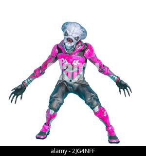 alieno ufficiale su un outfit fantascientifico che ti guarda su uno sfondo bianco. Questo astronauta alieno nel tracciato di ritaglio è molto utile per la grafica creati Foto Stock