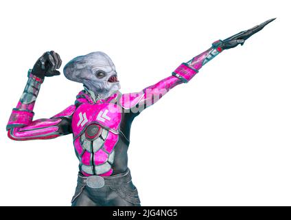 alieno ufficiale su un vestito fantascientifico bella posa su sfondo bianco. Questo astronauta alieno nel tracciato di ritaglio è molto utile per le creazioni di disegno grafico, Foto Stock