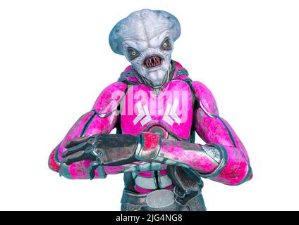 alieno ufficiale su un outfit fantascientifico che piangono un po' di cose su uno sfondo bianco. Questo astronauta alieno nel tracciato di ritaglio è molto utile per la progettazione grafica cr Foto Stock