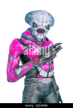 alieno ufficiale su un vestito fantascientifico sorridente su sfondo bianco. Questo astronauta alieno nel tracciato di ritaglio è molto utile per le creazioni di grafica, 3d Foto Stock