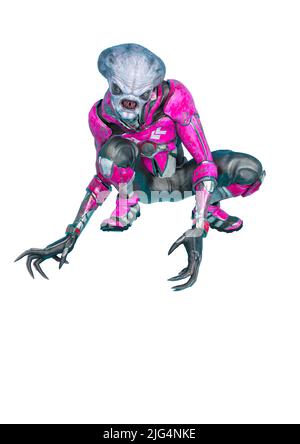 alieno ufficiale su un vestito fantascientifico camminare su uno sfondo bianco ti sta guardando. Questo astronauta alieno nel tracciato di ritaglio è molto utile per i desi grafici Foto Stock