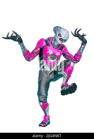 alieno ufficiale su un vestito fantascientifico che cammina su uno sfondo bianco. Questo astronauta alieno nel tracciato di ritaglio è molto utile per le creazioni di grafica, 3d Foto Stock