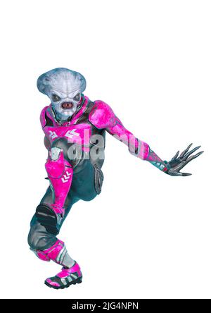 alieno ufficiale su un vestito fantascientifico che cammina lentamente su uno sfondo bianco. Questo astronauta alieno nel tracciato di ritaglio è molto utile per la creazione di disegni grafici Foto Stock