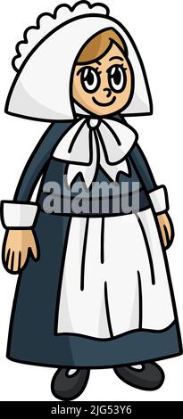 Grazie Pilgrim Girl Cartoon Coloured Clipart Illustrazione Vettoriale