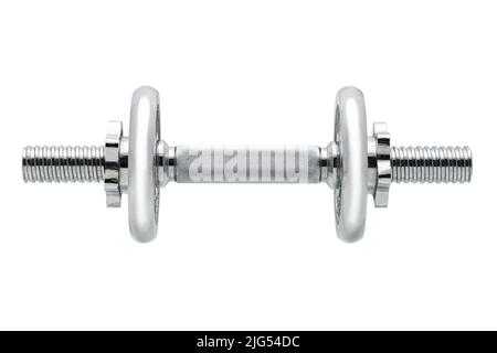 set di manubri regolabili in acciaio inox, accessorio prefabbricato costituito da un'asta filettata e frittelle di peso extra isolate su bac bianco Foto Stock