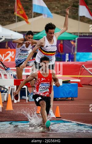 Il belga Simon Jeukenne si è mostrato in azione durante il quarto giorno dei campionati europei di atletica U18, martedì 05 luglio 2022 a Gerusalemme, Israele. BELGA PHOTO COEN SCHILDERMAN Foto Stock