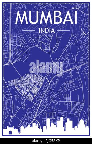 Stampa tecnica poster città con skyline panoramico e rete di strade disegnate a mano su sfondo blu del centro di MUMBAI, INDIA Illustrazione Vettoriale