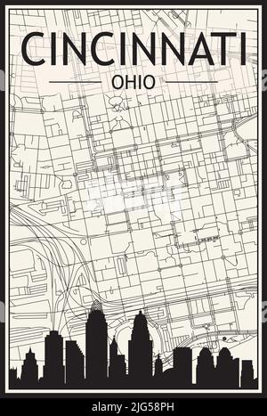 Stampa chiara poster della città con skyline panoramico e rete di strade disegnate a mano su sfondo beige vintage del centro di CINCINNATI, OHIO Illustrazione Vettoriale