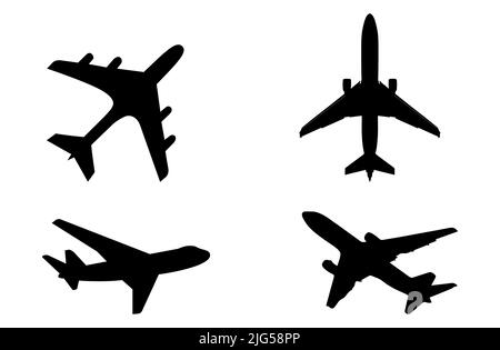 Set di silhouette di aeroplani. Aerei in volo, corsa, decollo, atterraggio, fronte, su, e profilo, illustrazione vettoriale di velivolo Illustrazione Vettoriale
