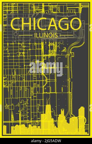 Poster giallo della città con skyline panoramico e rete di strade su sfondo grigio scuro del centro DI CHICAGO, ILLINOIS Illustrazione Vettoriale
