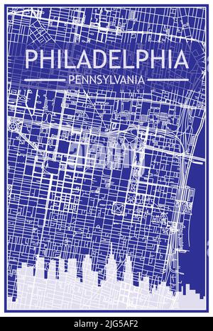 Stampa del disegno tecnico poster della città con skyline panoramico e rete di strade su sfondo blu del centro DI PHILADELPHIA, PENNSYLVANIA Illustrazione Vettoriale