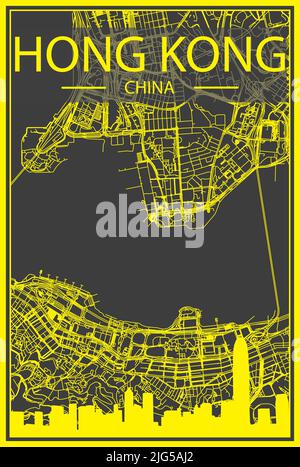Poster giallo della città con skyline panoramico e rete di strade su sfondo grigio scuro del centro DI HONG KONG, CINA Illustrazione Vettoriale