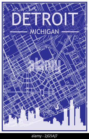 Stampa tecnica poster città con skyline panoramico e rete di strade su sfondo blu del centro di DETORIT, MICHIGAN Illustrazione Vettoriale