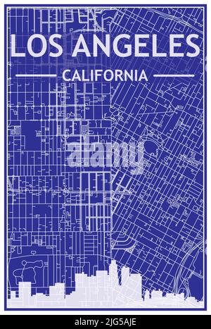 Stampa del disegno tecnico poster della città con skyline panoramico e rete di strade su sfondo blu del centro DI LOS ANGELES, CALIFORNIA Illustrazione Vettoriale