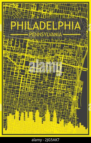 Stampa gialla poster della città con skyline panoramico e rete di strade su sfondo grigio scuro del centro DI PHILADELPHIA, PENNSYLVANIA Illustrazione Vettoriale