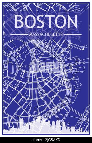 Stampa del disegno tecnico poster della città con skyline panoramico e rete di strade su sfondo blu del centro di BOSTON, MASSACHUSETTS Illustrazione Vettoriale