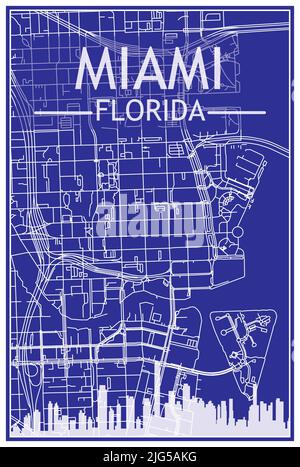 Stampa del disegno tecnico poster della città con skyline panoramico e rete di strade su sfondo blu del centro di MIAMI, FLORIDA Illustrazione Vettoriale