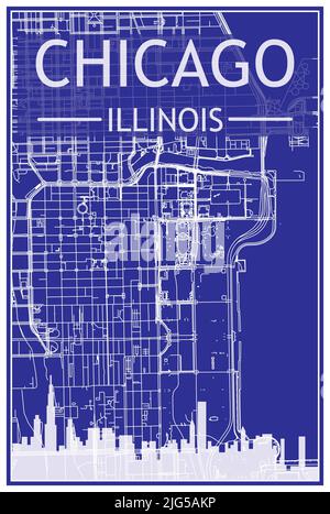 Stampa del disegno tecnico poster della città con skyline panoramico e rete di strade su sfondo blu del centro di CHICAGO, ILLINOIS Illustrazione Vettoriale