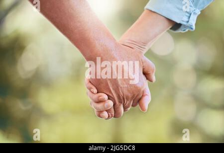 Camminate attraverso la vita con quella che amate. Scatto di una coppia anziana irriconoscibile che tiene le mani in un giardino. Foto Stock