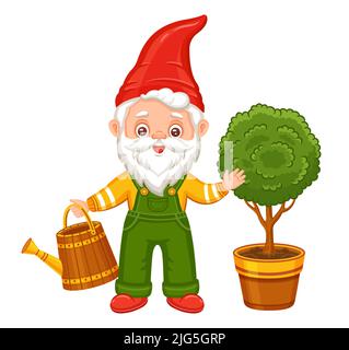 Carino gnome giardino, giardiniere nana tenere annaffiare può. Piccolo elfo fiaba innaffiare albero di pianta. Piccolo uomo vecchio magico con vettore di caratteri cartoni animati della barba Illustrazione Vettoriale