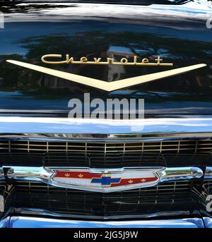 Un nero 1957 Chevrolet Bel Air in mostra ad una mostra di auto a Santa Fe New Mexico. Foto Stock