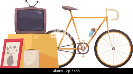 Composizione di articoli di vendita del garage con le immagini della bici della tv della seconda mano e dell'immagine della parete da vendere illustrazione vettoriale Illustrazione Vettoriale