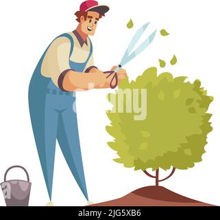 Erba professionale giardiniere alberi rubbery siepi composizione con maschio giardiniere ribaltamento cespuglio con forbici vettore illustrazione Illustrazione Vettoriale