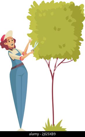 Erba professionale giardiniere alberi rubbery siepi composizione con lavoratrice femminile taglio rami albero con illustrazione vettoriale forbici Illustrazione Vettoriale