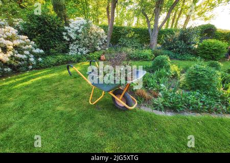 Carriola su un perfetto prato verde in un giardino coltivato di campagna utilizzato per lavori di giardino. Servizio di giardinaggio professionale o giardiniere contratto Foto Stock