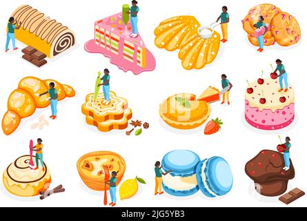 Panetteria persone icone isometriche set con pasticceria e dessert simboli illustrazione vettoriale Illustrazione Vettoriale