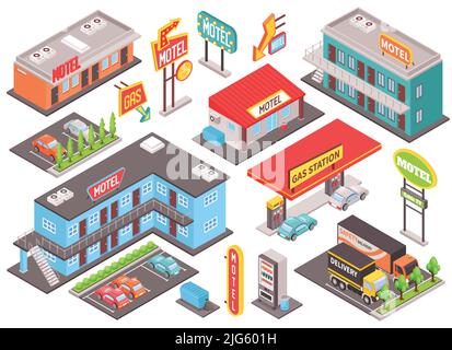 Set isometrico a colori Motel con affissioni, parcheggio auto e distributore di benzina, illustrazione vettoriale isolata Illustrazione Vettoriale