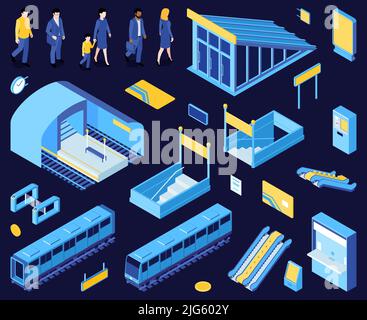 Ingresso alla stazione della metropolitana biglietto d'ingresso scale scale scale scale scalatori pullman metropolitana ferrovia sotterranea persone isometrici sfondo scuro illustrazione vettoriale Illustrazione Vettoriale