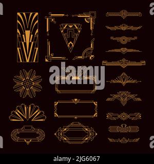 Art deco dorato elegante stile vintage elementi decorativi cornici modelli set sfondo nero isolato vettore illustrazione Illustrazione Vettoriale